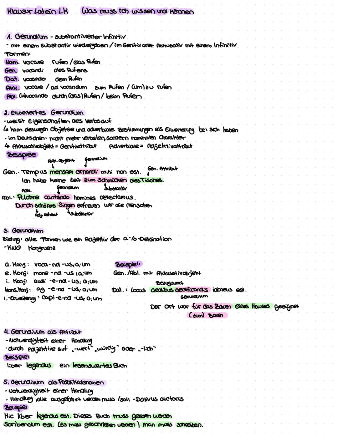 Klausur Latein LK Was muss ich wissen und können.
1. Gerundium - substantivierter Infinitiv
- mit einem substantiv wiedergeben/im Genitiv oc