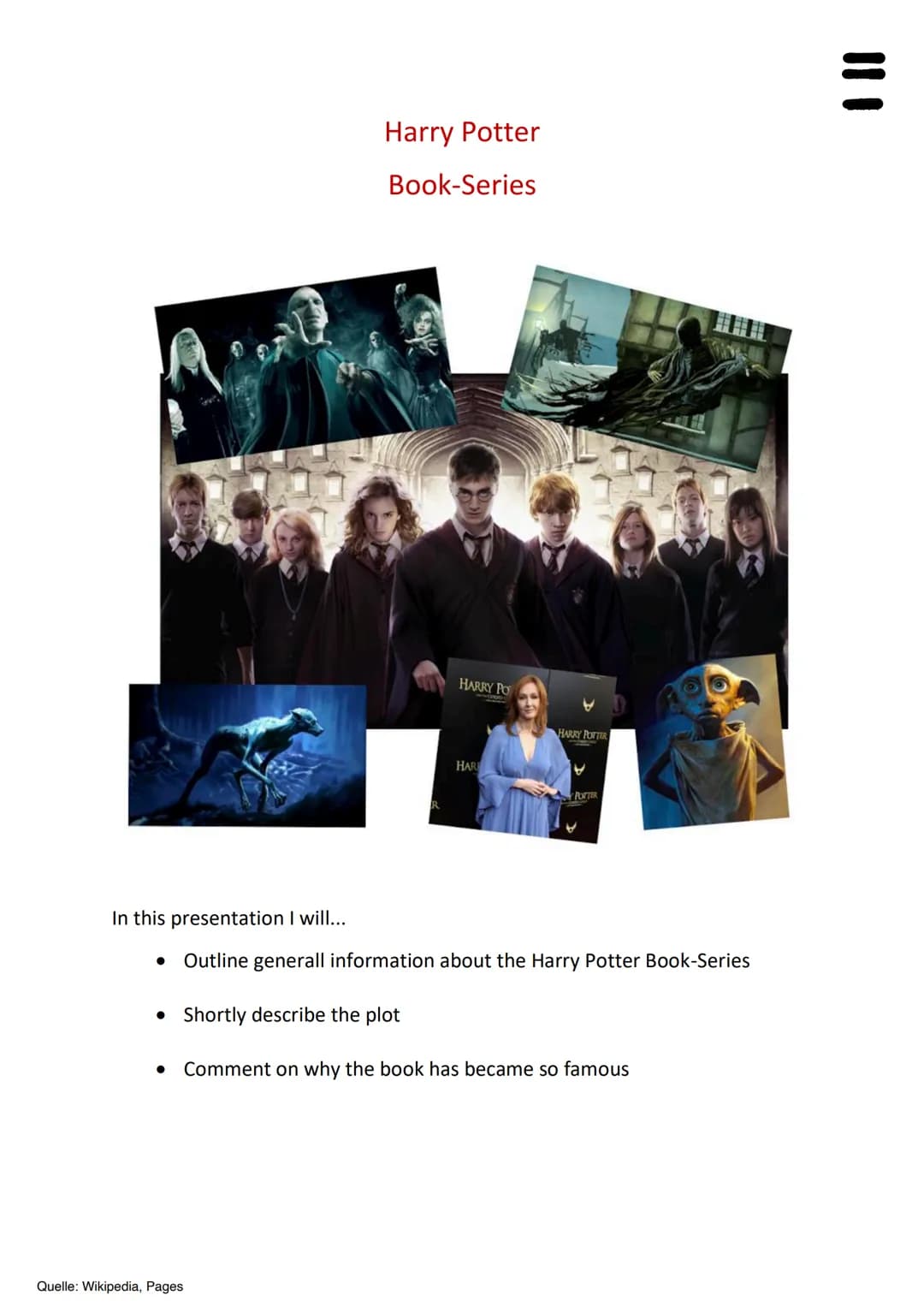 In this presentation I will...
Harry Potter
Quelle: Wikipedia, Pages
Book-Series
HARRY PO
HAR
HARRY POTTER
V
POTTER
Outline generall informa