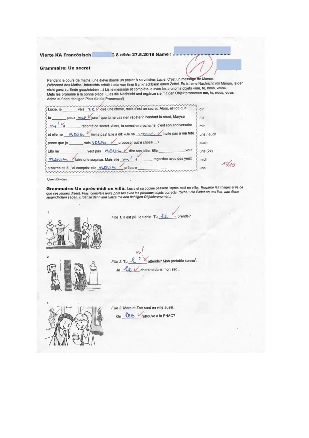 Vierte KA Französisch
(1)
Pendant le cours de maths, une élève donne un papier à sa voisine, Lucie. C'est un message de Manon.
(Während des 