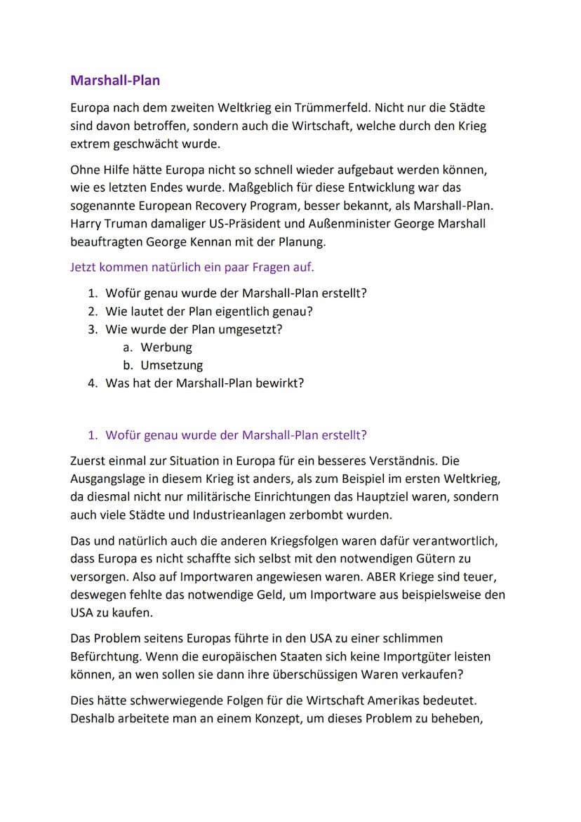 Marshallplan (European Recovery Program)
Zeit: nach dem 2. Weltkrieg
Planung: George Marshall; George Kennan
Wofür wurde der Plan erstellt?
