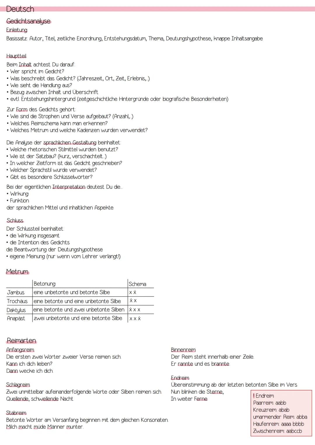 Deutsch
Gedichtsanalyse
Einleitung
Basissatz: Autor, Titel, zeitliche Einordnung, Entstehungsdatum, Thema, Deutungshypothese, knappe Inhalts