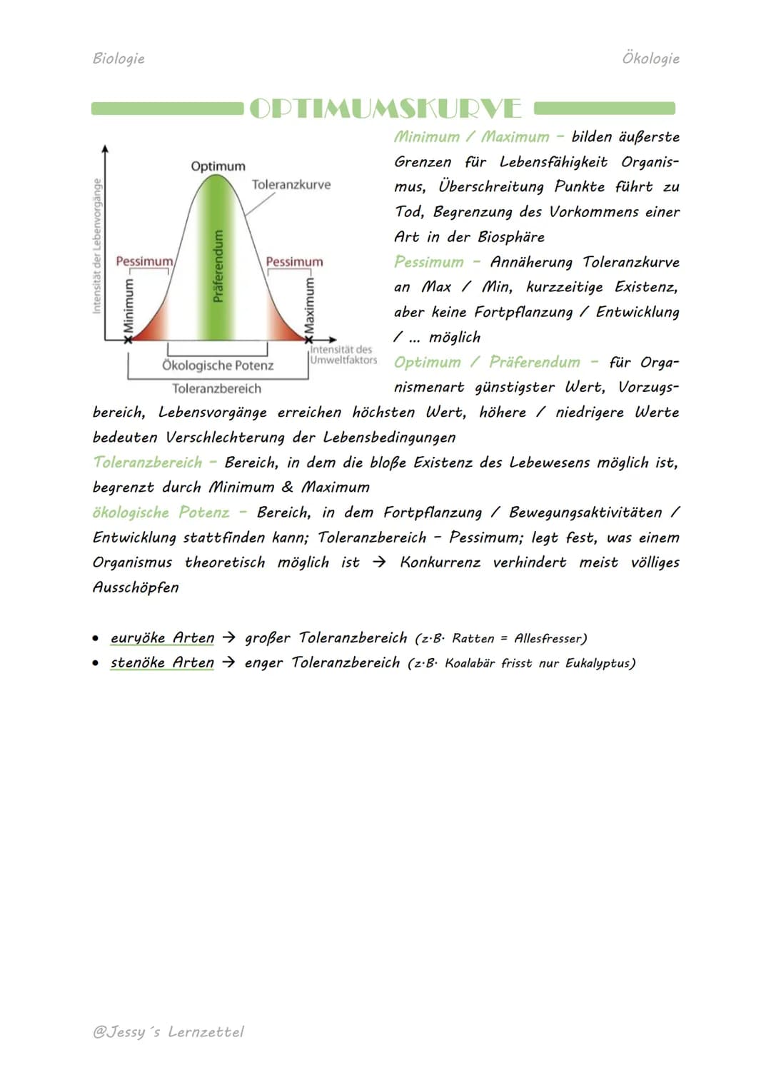 Biologie
Optimum
Toleranzkurve
HE
Pessimum
Pessimum
Intensität der Lebenvorgänge
Minimum
Präferendum
OPTIMUMSKURVE
Maximum-
Ökologie
Minimum