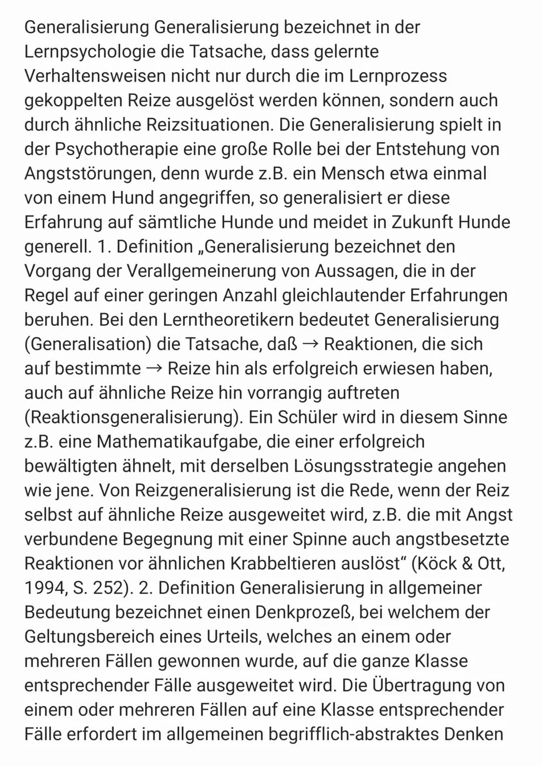 Generalisierung Generalisierung bezeichnet in der
Lernpsychologie die Tatsache, dass gelernte
Verhaltensweisen nicht nur durch die im Lernpr