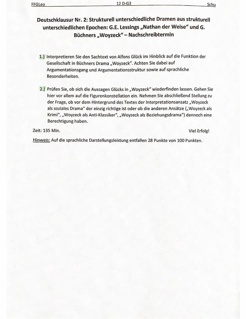 FFGLeo
12 D-G3
Deutschklausur Nr. 2: Strukturell unterschiedliche Dramen aus strukturell
unterschiedlichen Epochen: G.E. Lessings ,,Nathan d