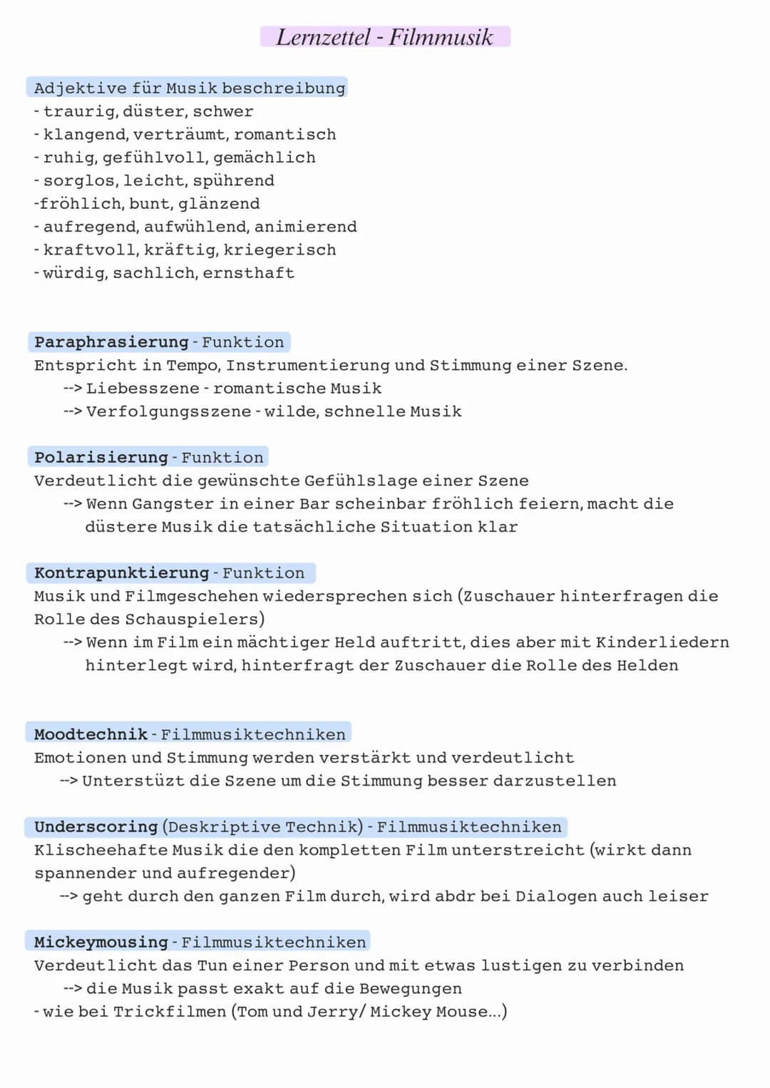 Lernzettel - Filmmusik
Adjektive für Musik beschreibung
- traurig, düster, schwer
- klangend, verträumt, romantisch
- ruhig, gefühlvoll, gem