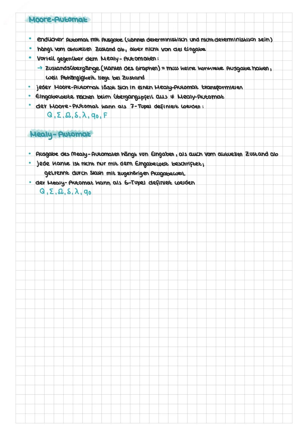 # AUTOMATEN

DEA (deterministisch endlicher Automat)

*   Verhalten des Automaten eindeutig bestimmt
*   Jeder Zustand, jedes Eingabezeichen