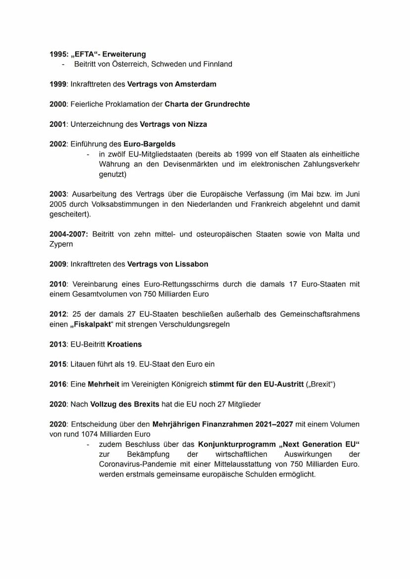 Die Europäische Union (EU)
Etappen der europäischen Einigung:
1949: Gründung des Europarates mit Sitz in Straßburg.
1951: Gründung der Europ