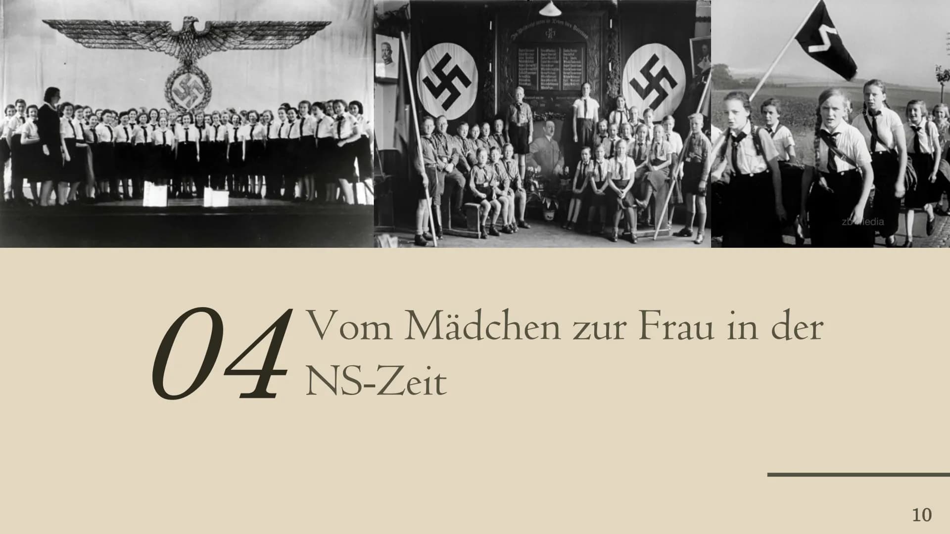 BUND DEUTSCHER MÄDEL
(BDM) Inhaltsverzeichnis
01
Allgemein
04
Vom Mädchen
zur Frau in der
NS-Zeit
02
Entwicklung
05
Inhalte der
Jugendarbeit