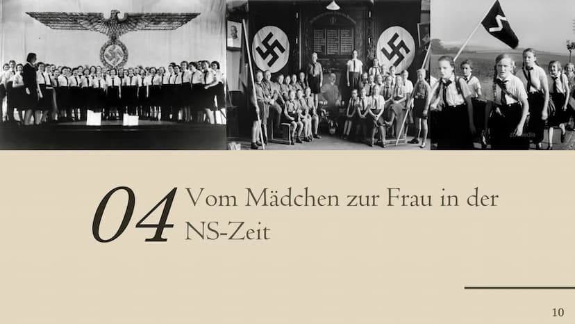 BUND DEUTSCHER MÄDEL
(BDM) Inhaltsverzeichnis
01
Allgemein
04
Vom Mädchen
zur Frau in der
NS-Zeit
02
Entwicklung
05
Inhalte der
Jugendarbeit