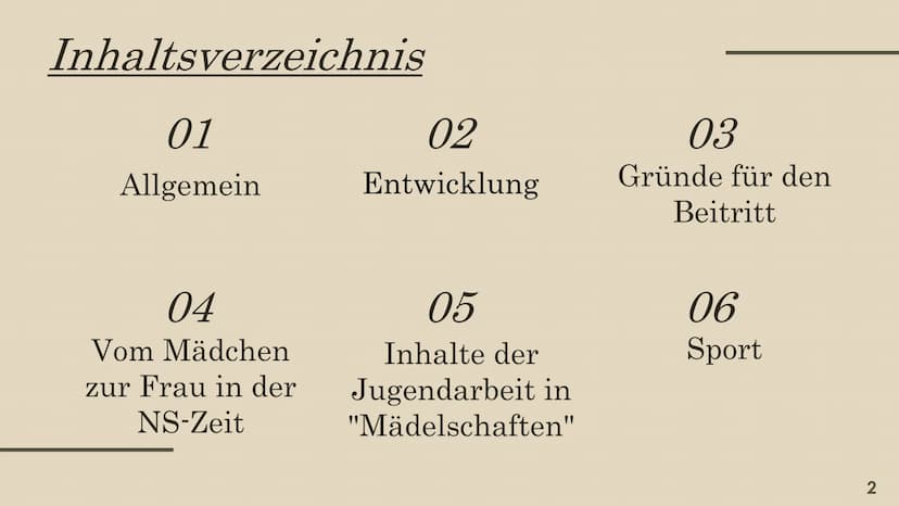 BUND DEUTSCHER MÄDEL
(BDM) Inhaltsverzeichnis
01
Allgemein
04
Vom Mädchen
zur Frau in der
NS-Zeit
02
Entwicklung
05
Inhalte der
Jugendarbeit