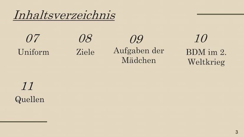 BUND DEUTSCHER MÄDEL
(BDM) Inhaltsverzeichnis
01
Allgemein
04
Vom Mädchen
zur Frau in der
NS-Zeit
02
Entwicklung
05
Inhalte der
Jugendarbeit