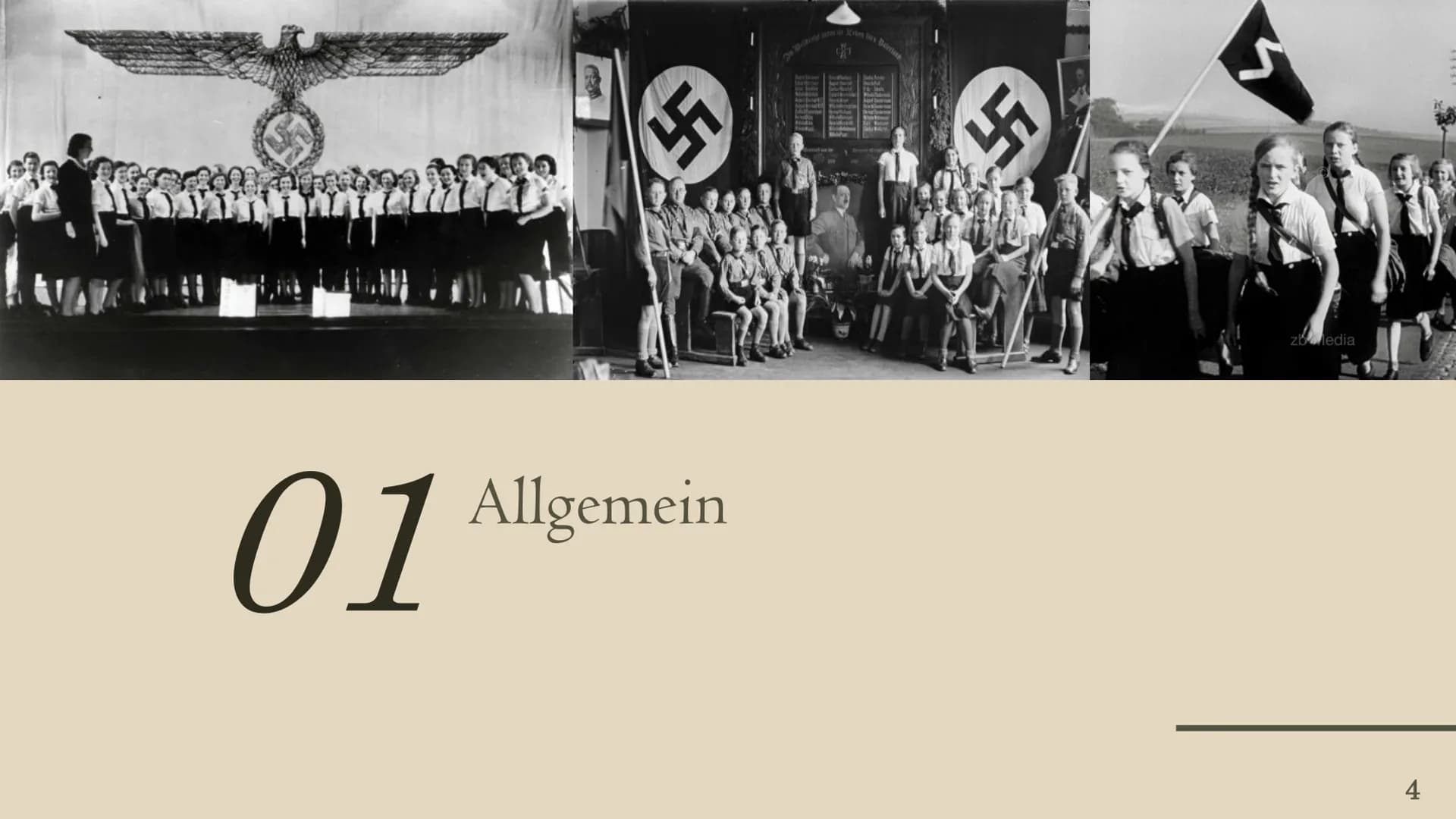 BUND DEUTSCHER MÄDEL
(BDM) Inhaltsverzeichnis
01
Allgemein
04
Vom Mädchen
zur Frau in der
NS-Zeit
02
Entwicklung
05
Inhalte der
Jugendarbeit