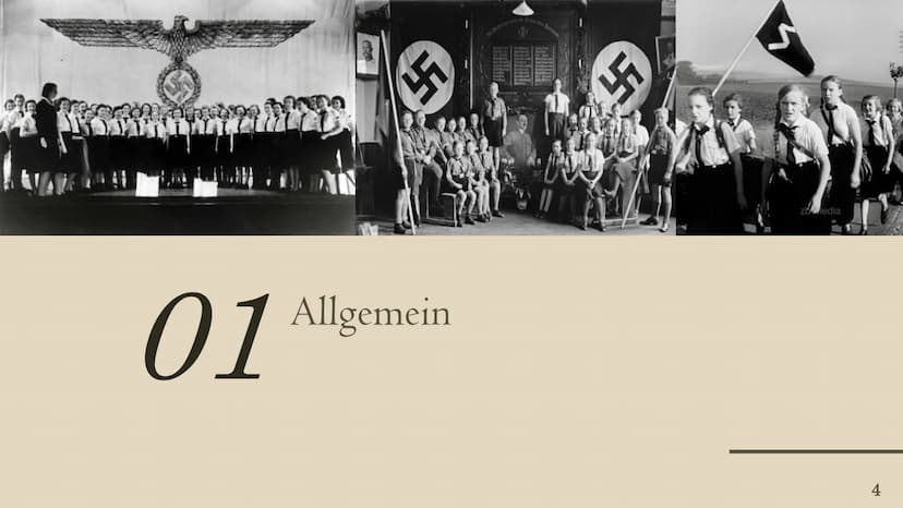 BUND DEUTSCHER MÄDEL
(BDM) Inhaltsverzeichnis
01
Allgemein
04
Vom Mädchen
zur Frau in der
NS-Zeit
02
Entwicklung
05
Inhalte der
Jugendarbeit