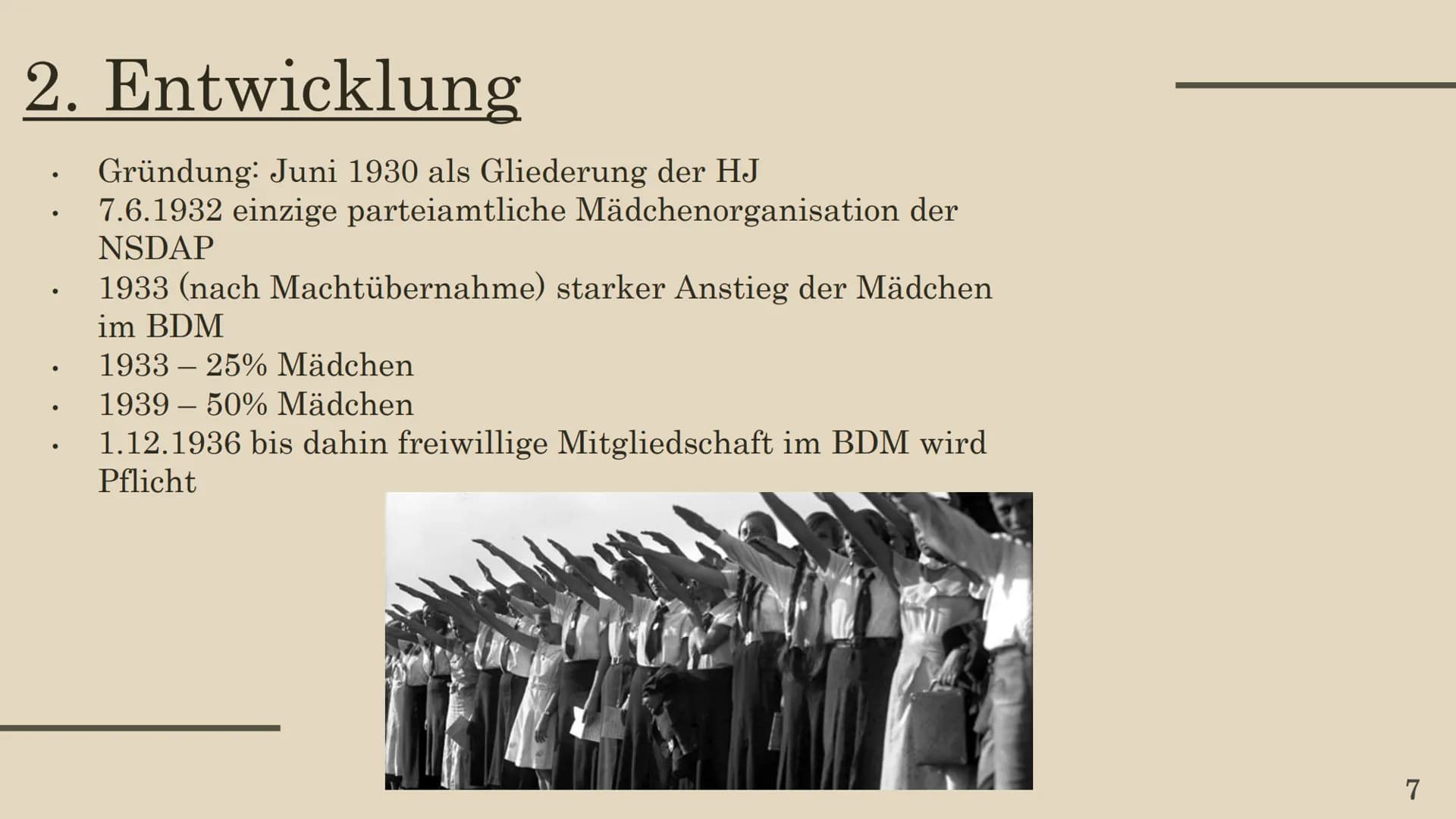 BUND DEUTSCHER MÄDEL
(BDM) Inhaltsverzeichnis
01
Allgemein
04
Vom Mädchen
zur Frau in der
NS-Zeit
02
Entwicklung
05
Inhalte der
Jugendarbeit