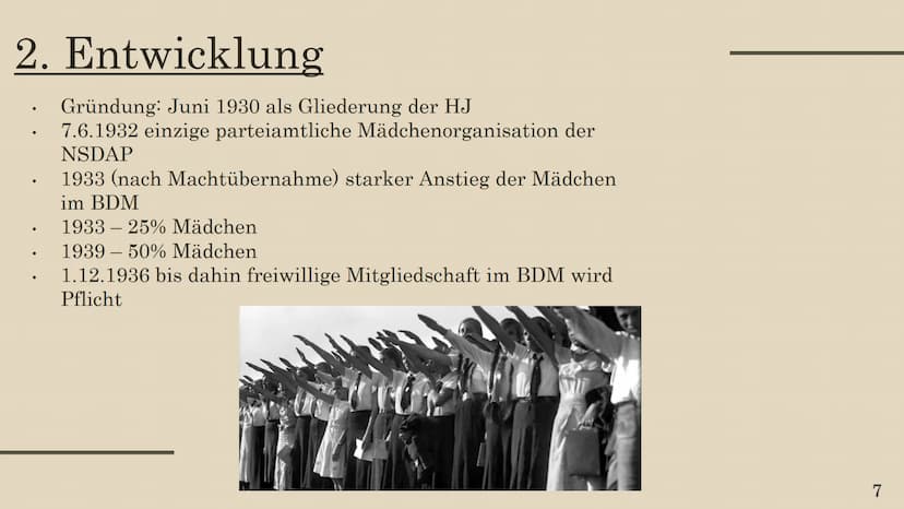 BUND DEUTSCHER MÄDEL
(BDM) Inhaltsverzeichnis
01
Allgemein
04
Vom Mädchen
zur Frau in der
NS-Zeit
02
Entwicklung
05
Inhalte der
Jugendarbeit