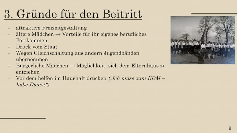 BUND DEUTSCHER MÄDEL
(BDM) Inhaltsverzeichnis
01
Allgemein
04
Vom Mädchen
zur Frau in der
NS-Zeit
02
Entwicklung
05
Inhalte der
Jugendarbeit