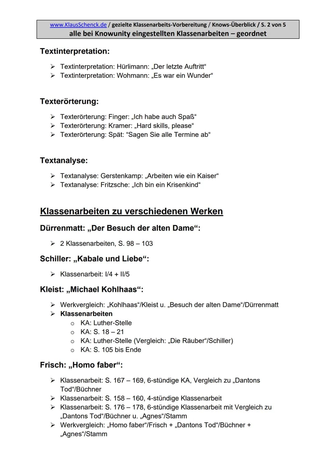 www.KlausSchenck.de/ gezielte Klassenarbeits-Vorbereitung / Knows-Überblick / S. 1 von 5
alle bei Knowunity eingestellten Klassenarbeiten - 