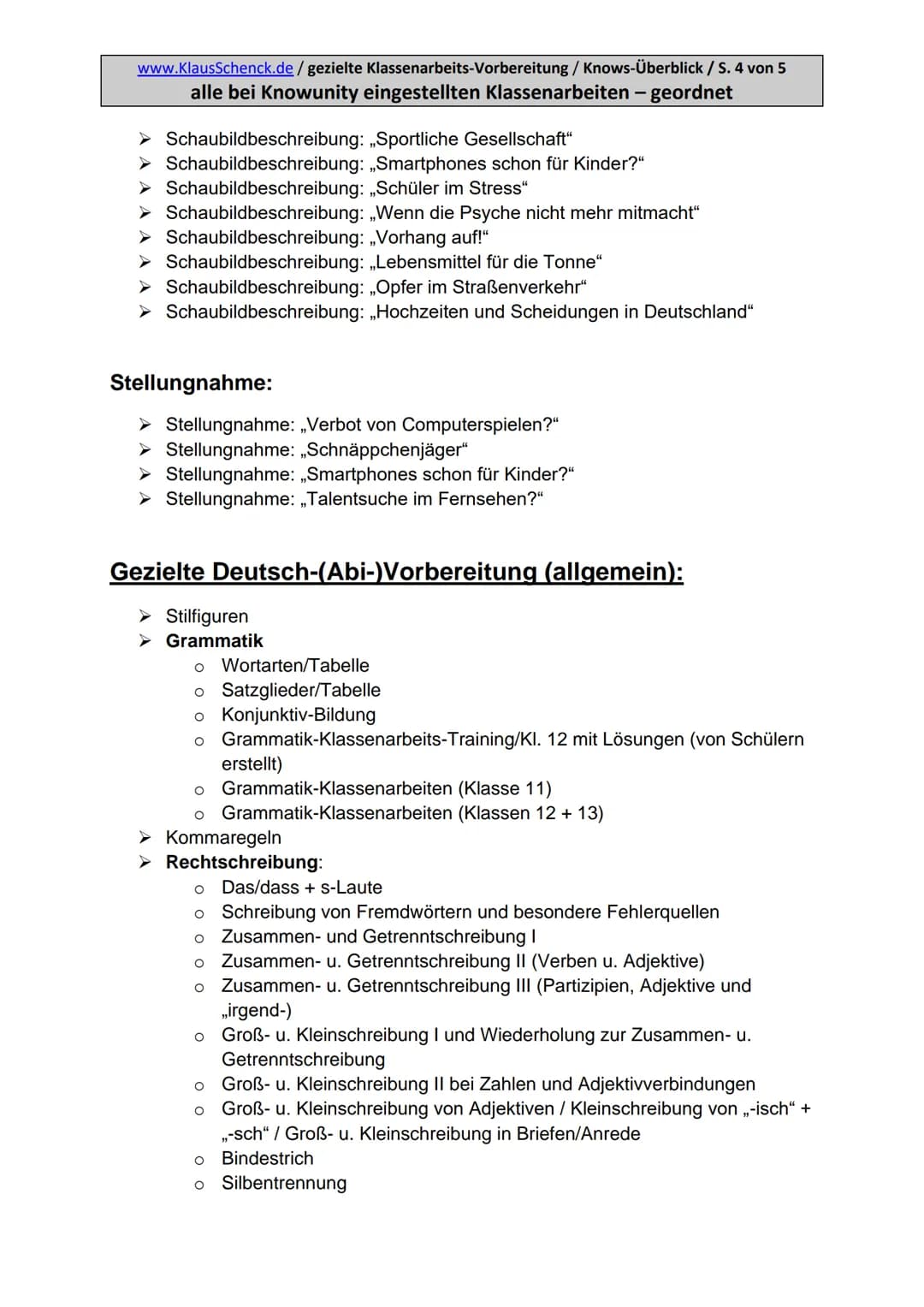www.KlausSchenck.de/ gezielte Klassenarbeits-Vorbereitung / Knows-Überblick / S. 1 von 5
alle bei Knowunity eingestellten Klassenarbeiten - 