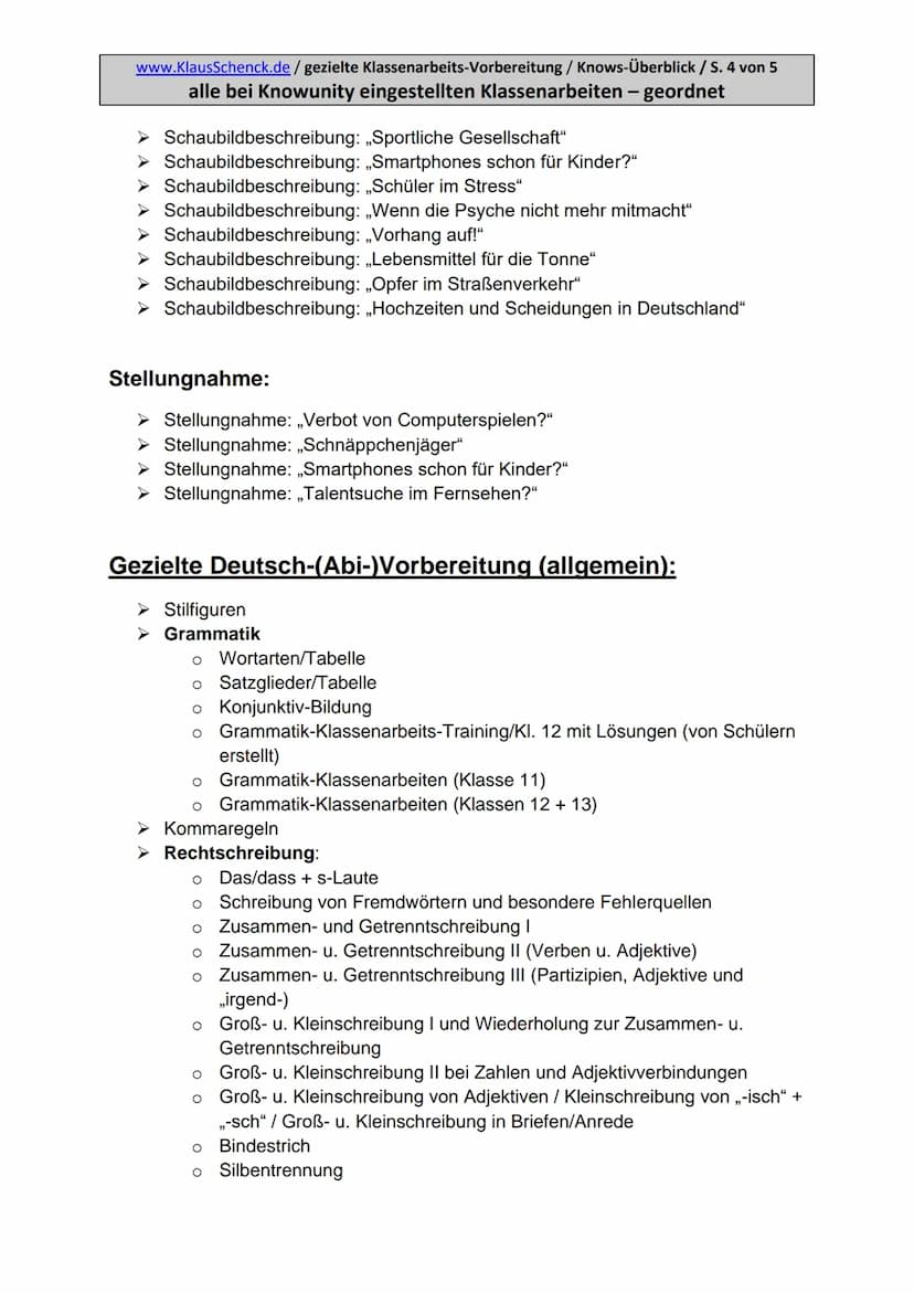 www.KlausSchenck.de/ gezielte Klassenarbeits-Vorbereitung / Knows-Überblick / S. 1 von 5
alle bei Knowunity eingestellten Klassenarbeiten - 