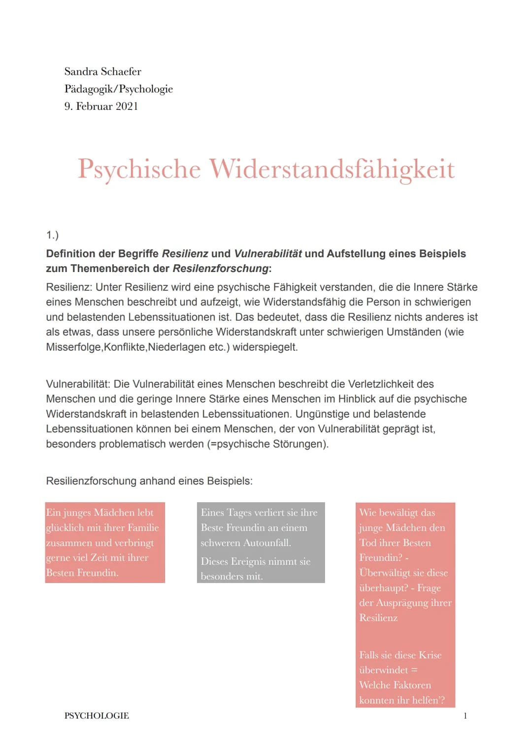 Sandra Schaefer
Pädagogik/Psychologie
9. Februar 2021
Psychische Widerstandsfähigkeit
1.)
Definition der Begriffe Resilienz und Vulnerabilit