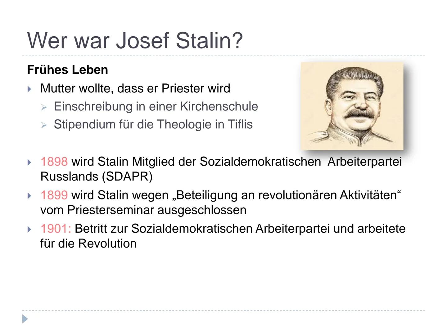 Die Herrschaft Stalins # Gliederung

► Wer war Josef Stalin?

Frühes Leben

Die Russische Revolution

► Politische Übernahme

Großer Terror
