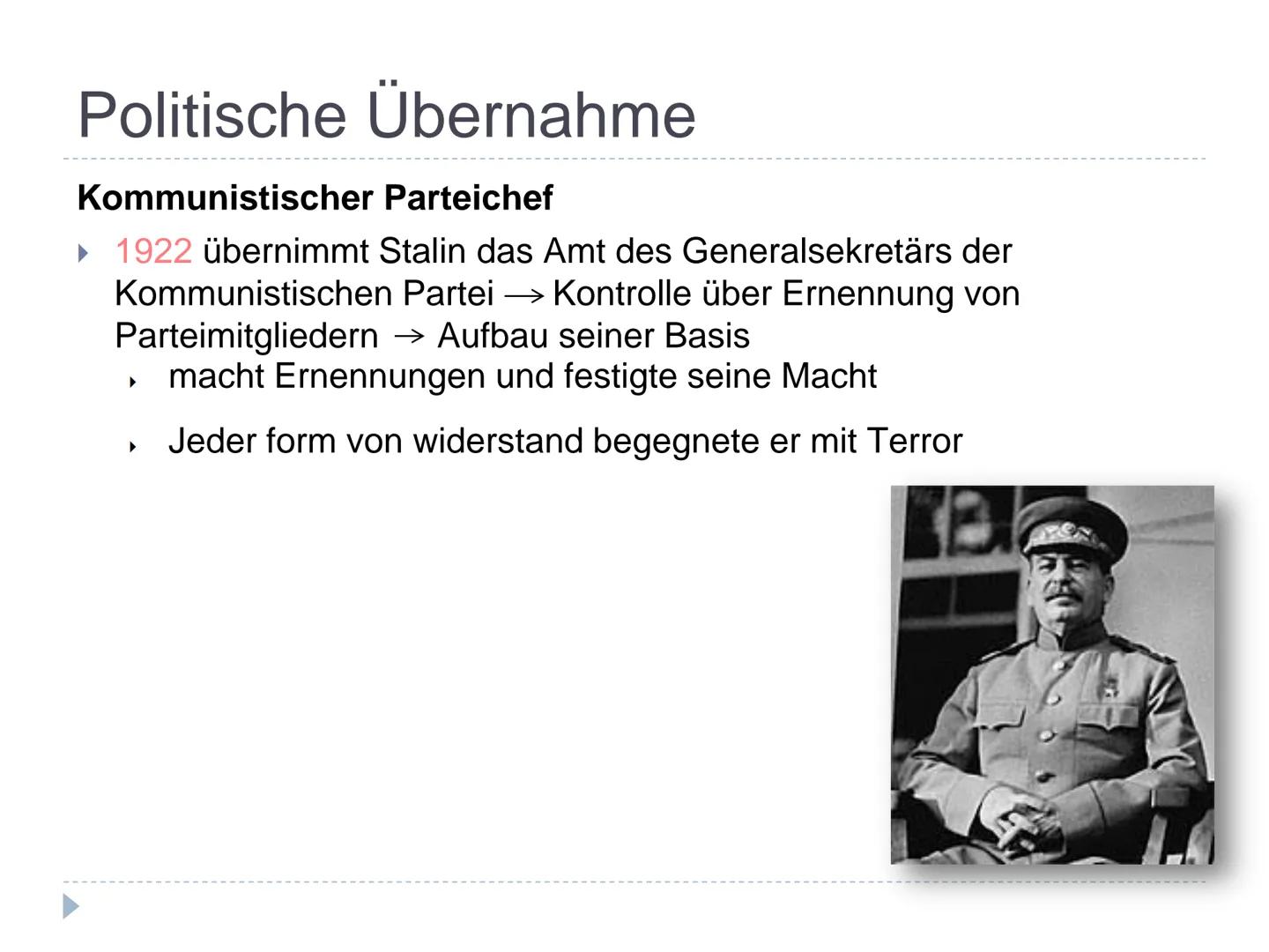 Die Herrschaft Stalins # Gliederung

► Wer war Josef Stalin?

Frühes Leben

Die Russische Revolution

► Politische Übernahme

Großer Terror
