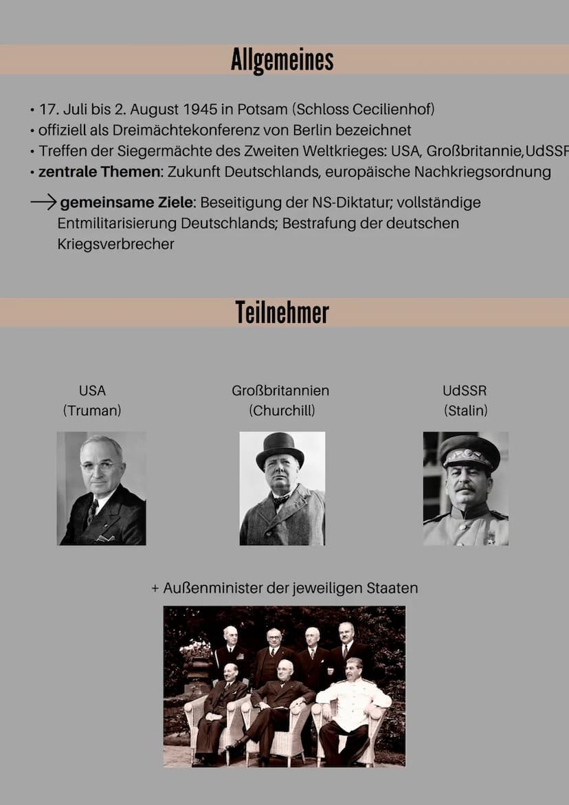 POTSDAMER
KONFERENZ
17.JULI - 2.AUGUST 1945 Allgemeines
• 17. Juli bis 2. August 1945 in Potsam (Schloss Cecilienhof)
• offiziell als Dreimä