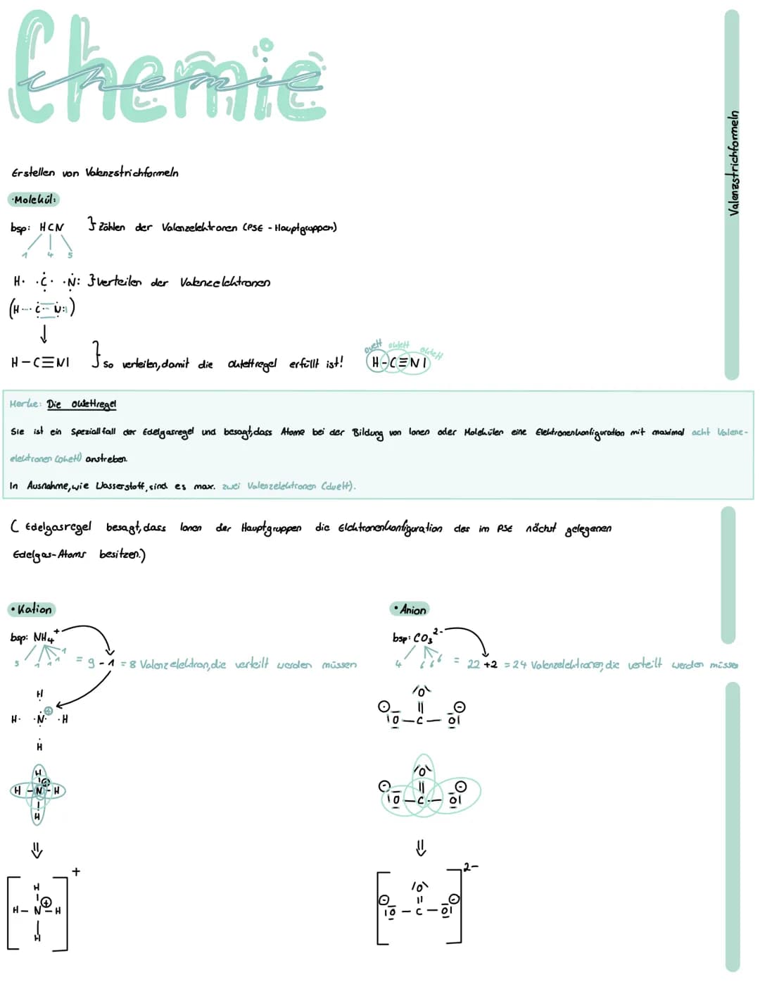 Chemie
Erstellen von Valenzstrichformeln
Molekúl:
bsp: HCN zählen der Valenzelektronen (PSE - Hauptgruppen)
H. ·C· ·N: 3 verteilen der Valen