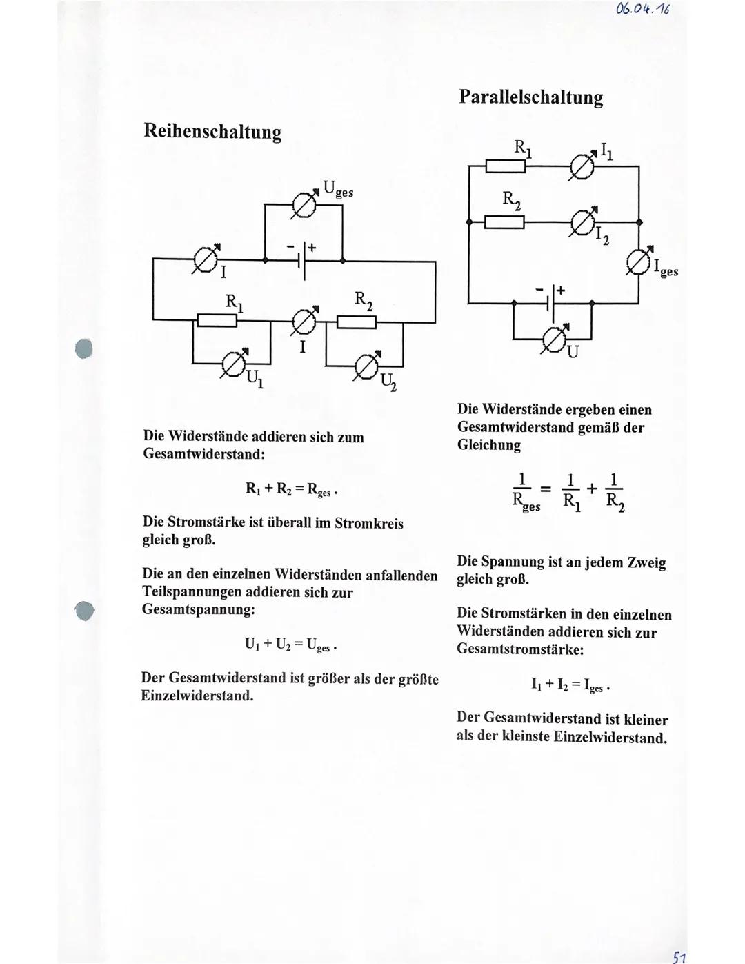 Reihenschaltung
R₁
Uges
R₂
Die Widerstände addieren sich zum
Gesamtwiderstand:
R₁ + R₂=Rges.
Die Stromstärke ist überall im Stromkreis
gleic