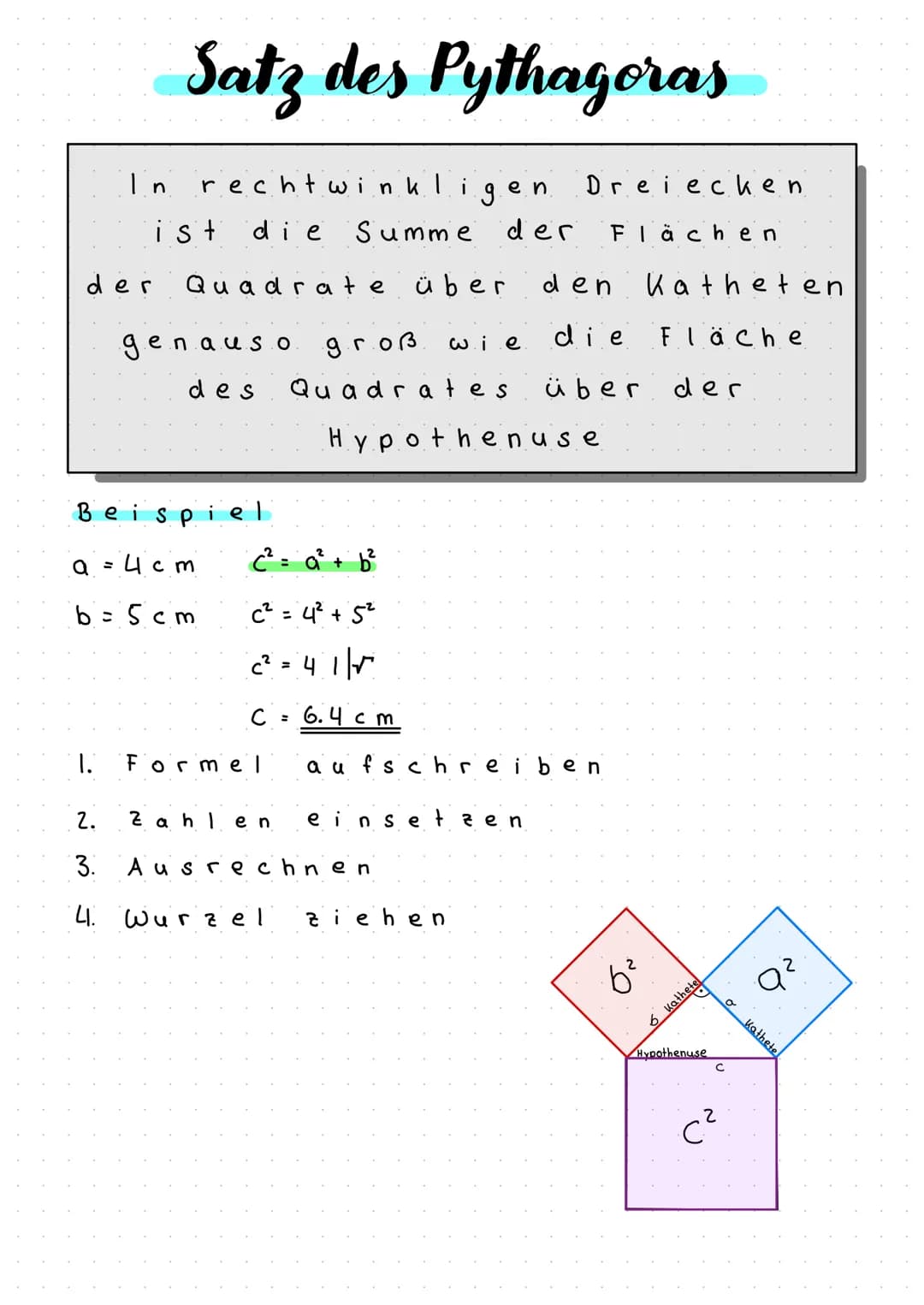 der
Satz des Pythagoras
In rechtwinkli en
g
ist
der
a =
die
Quadrate über
genauso
des
Beispiel
4 cm
b=5cm
Summe
1. Formel
дгов
Quadrates
C² 