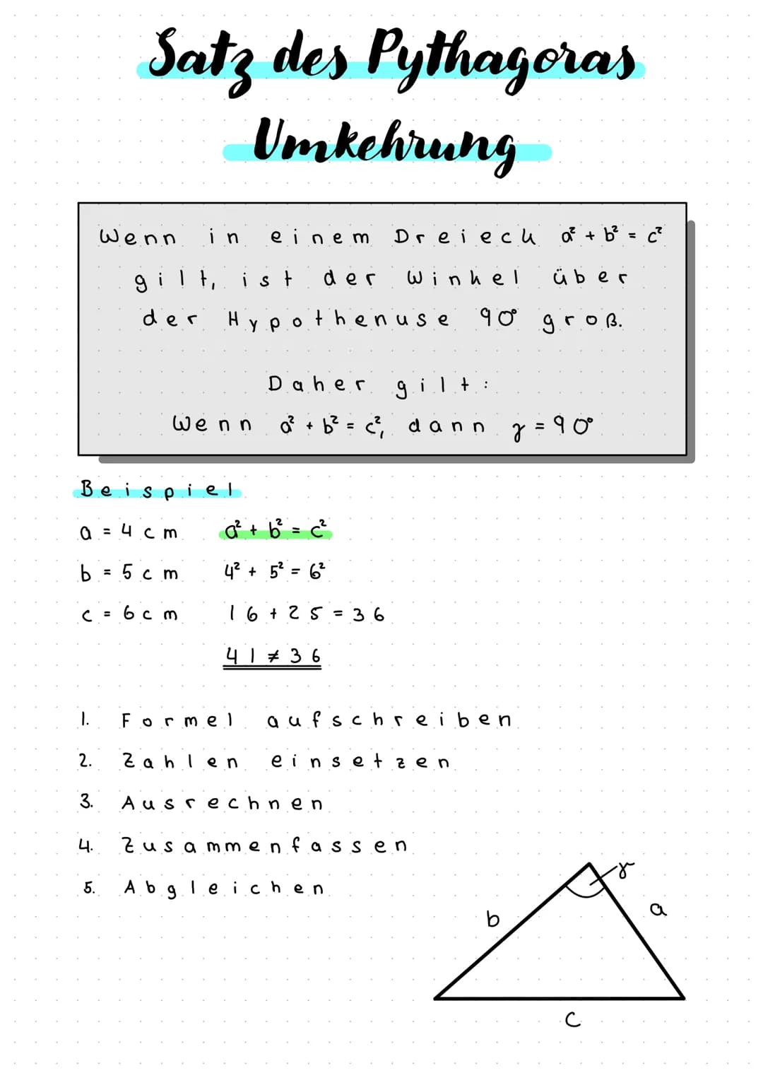 der
Satz des Pythagoras
In rechtwinkli en
g
ist
der
a =
die
Quadrate über
genauso
des
Beispiel
4 cm
b=5cm
Summe
1. Formel
дгов
Quadrates
C² 