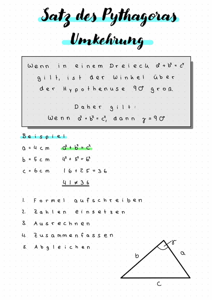 der
Satz des Pythagoras
In rechtwinkli en
g
ist
der
a =
die
Quadrate über
genauso
des
Beispiel
4 cm
b=5cm
Summe
1. Formel
дгов
Quadrates
C² 