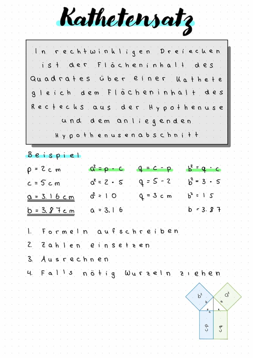 der
Satz des Pythagoras
In rechtwinkli en
g
ist
der
a =
die
Quadrate über
genauso
des
Beispiel
4 cm
b=5cm
Summe
1. Formel
дгов
Quadrates
C² 