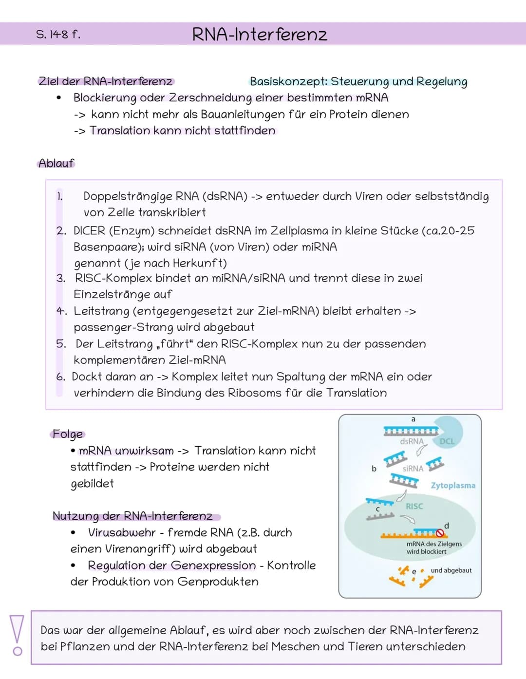 S. 148 f.
Ziel der RNA-Interferenz
RNA-Interferenz
Ablauf
Basiskonzept: Steuerung und Regelung
Blockierung oder Zerschneidung einer bestimmt