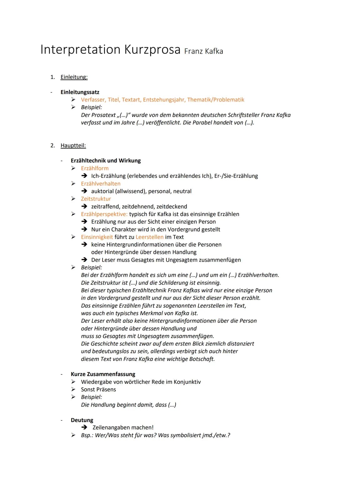 Interpretation Kurzprosa Franz Kafka
1. Einleitung:
Einleitungssatz
➤ Verfasser, Titel, Textart, Entstehungsjahr, Thematik/Problematik
➤ Bei