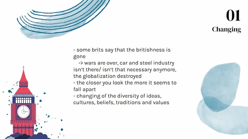 Britishness
V 01
Definition,
Stereotypes and
Changing
Table of Contents
02
National pride
03
888
Multiculturalism ●*****
==
▬▬▬▬▬▬▬▬▬
▬▬▬▬▬▬
