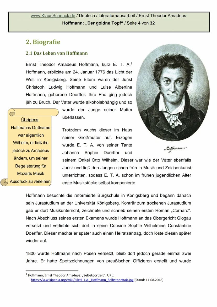 E.T.A. HOFFMANN 1776-1822
Hoffmann.
Hope
Ernst Theodor Amadeus
Hoffmann: Der goldne Topf
Literaturhausarbeit
Deutsch
Fachlehrer: OSR. Schenc