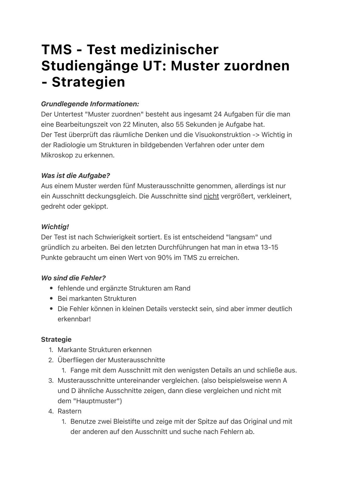TMS - Test medizinischer
Studiengänge UT: Muster zuordnen
Strategien
Grundlegende Informationen:
Der Untertest "Muster zuordnen" besteht aus