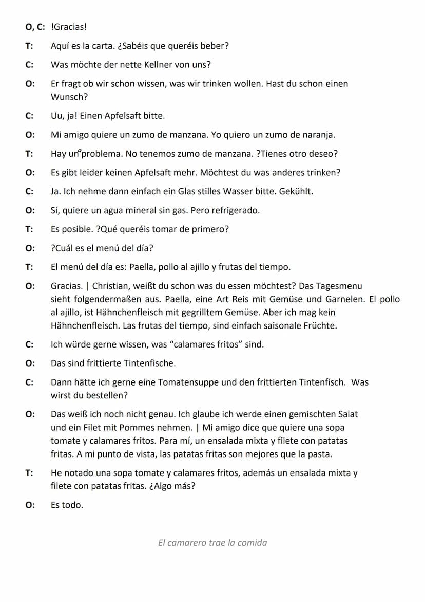 En el restaurante
La situación: Estás en un restaurante en Madrid con un amigo alemán que no habla
español. Mira el menú, escucha al camarer
