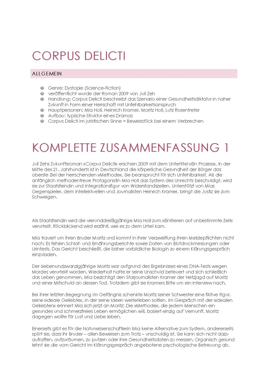 Corpus Delicti: Zusammenfassung, wichtige Stellen und Mia Holl Charakterisierung