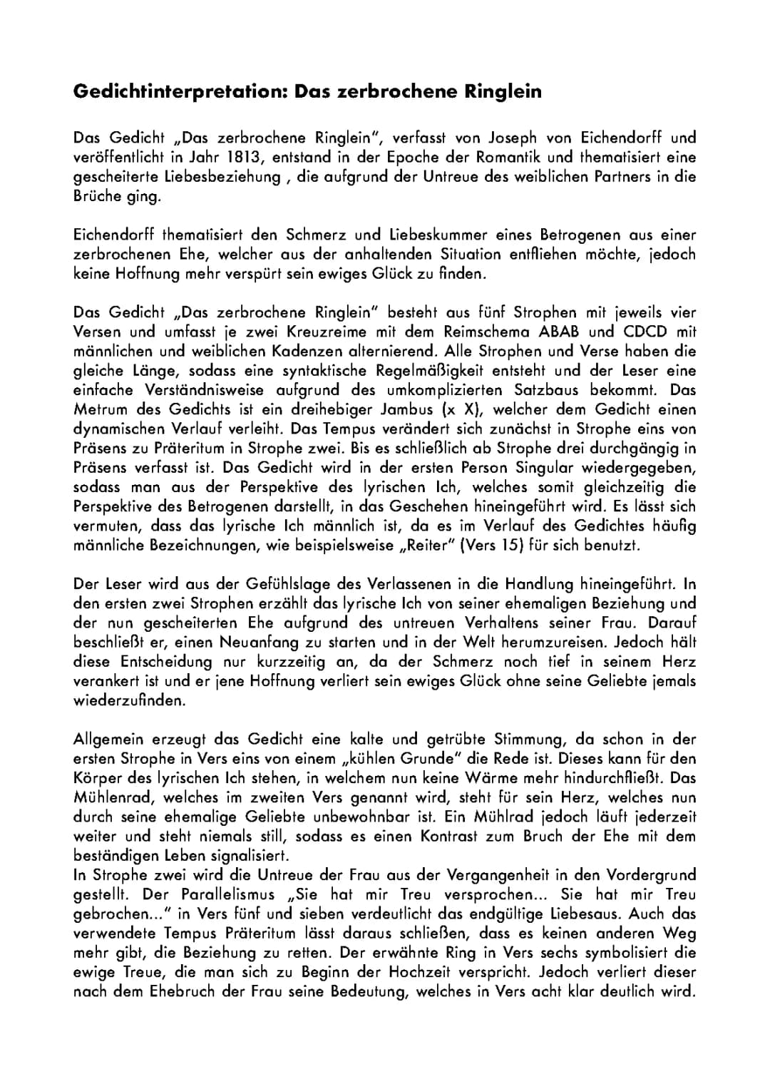 Gedichtinterpretation: Das zerbrochene Ringlein