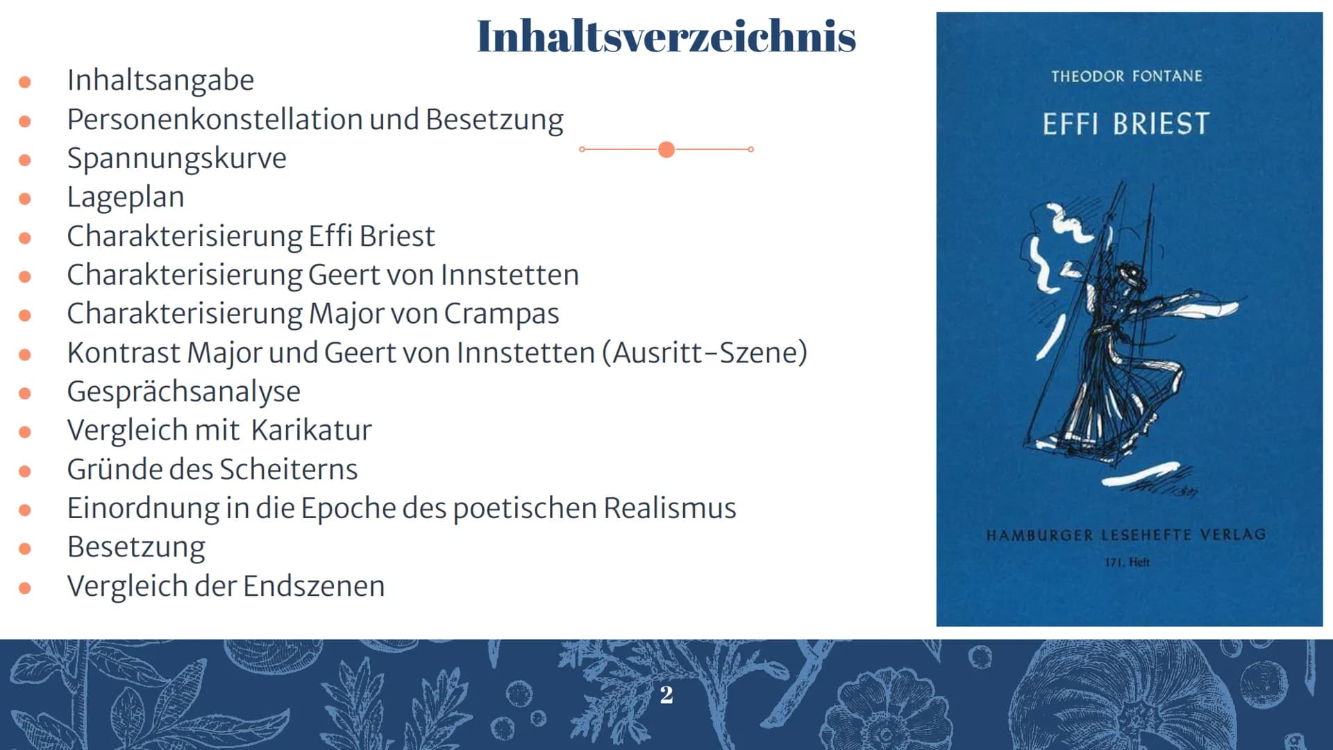 Effi Briest
Von Theodor Fontane
Präsentiert von Inhaltsverzeichnis
Inhaltsangabe
Personenkonstellation und Besetzung
Spannungskurve
Lageplan