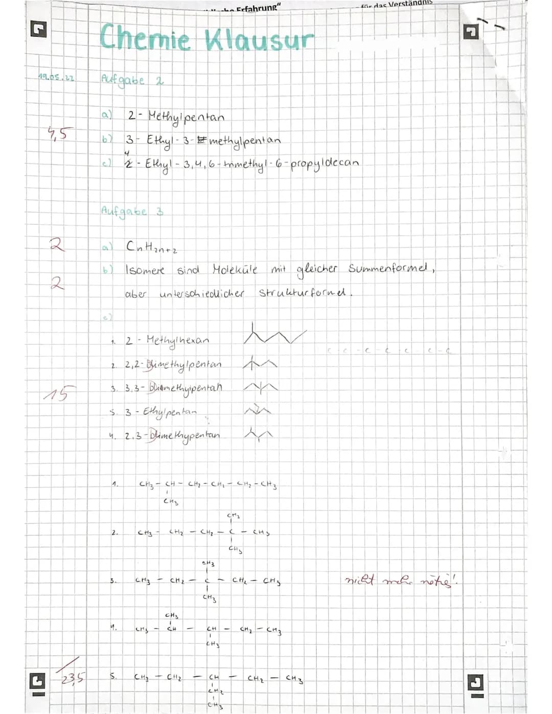 M²=
Klausur
Name:
BE: 44,5+4 445 Punkte: 15
23.05, 22
Achtet auf: Name, Datum, Aufgabennummern, Seitenzahlen, Ränder,.........
Verwende eine