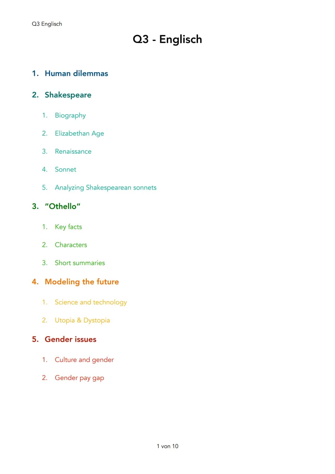 Q3 Englisch
1. Human dilemmas
2. Shakespeare
1. Biography
2. Elizabethan Age
3. Renaissance
4. Sonnet
5. Analyzing Shakespearean sonnets
3. 
