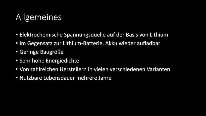 
<h2 id="allgemeines">Allgemeines</h2>
<p>Der Lithium-Ionen-Akku ist eine elektrochemische Spannungsquelle, die auf der Basis von Lithium fu