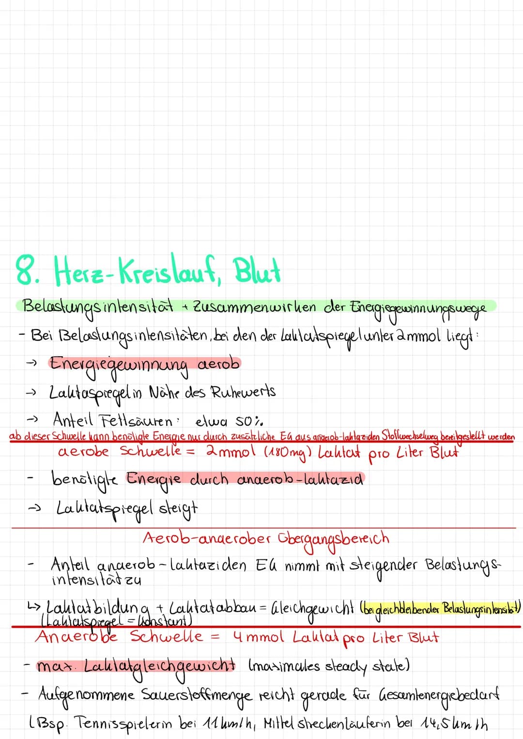 8. Herz-Kreislauf, Blut
Belastungsintensität + Zusammenwirken der Energiegewinnungswege
- Bei Belastungsintensitäten, bei den der Laktatspie