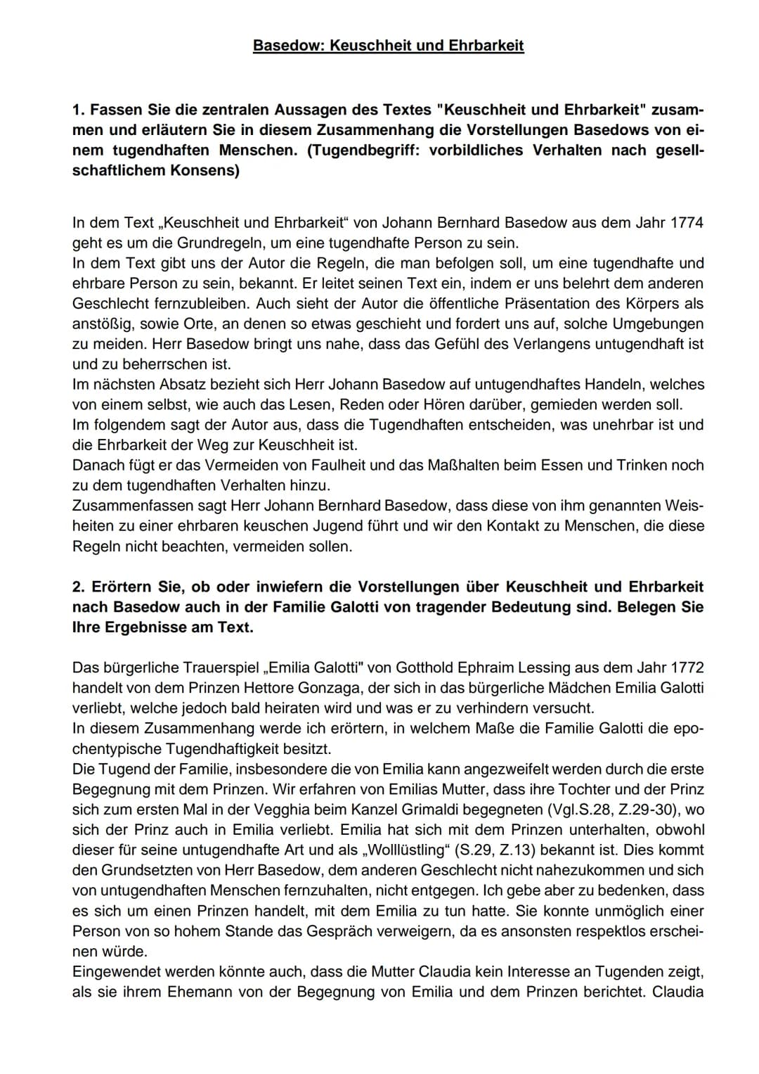 Basedow: Keuschheit und Ehrbarkeit
1. Fassen Sie die zentralen Aussagen des Textes "Keuschheit und Ehrbarkeit" zusam-
men und erläutern Sie 
