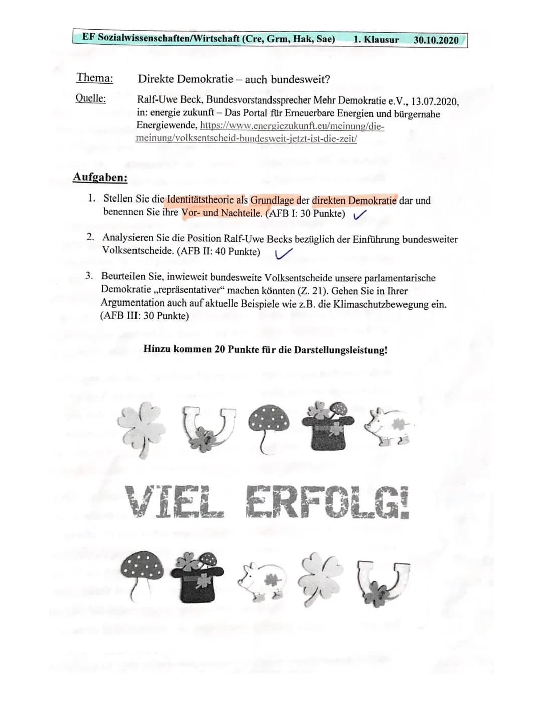 EF Sozialwissenschaften/Wirtschaft (Cre, Grm, Hak, Sae)
Thema:
Quelle:
1. Klausur
Direkte Demokratie - auch bundesweit?
Ralf-Uwe Beck, Bunde