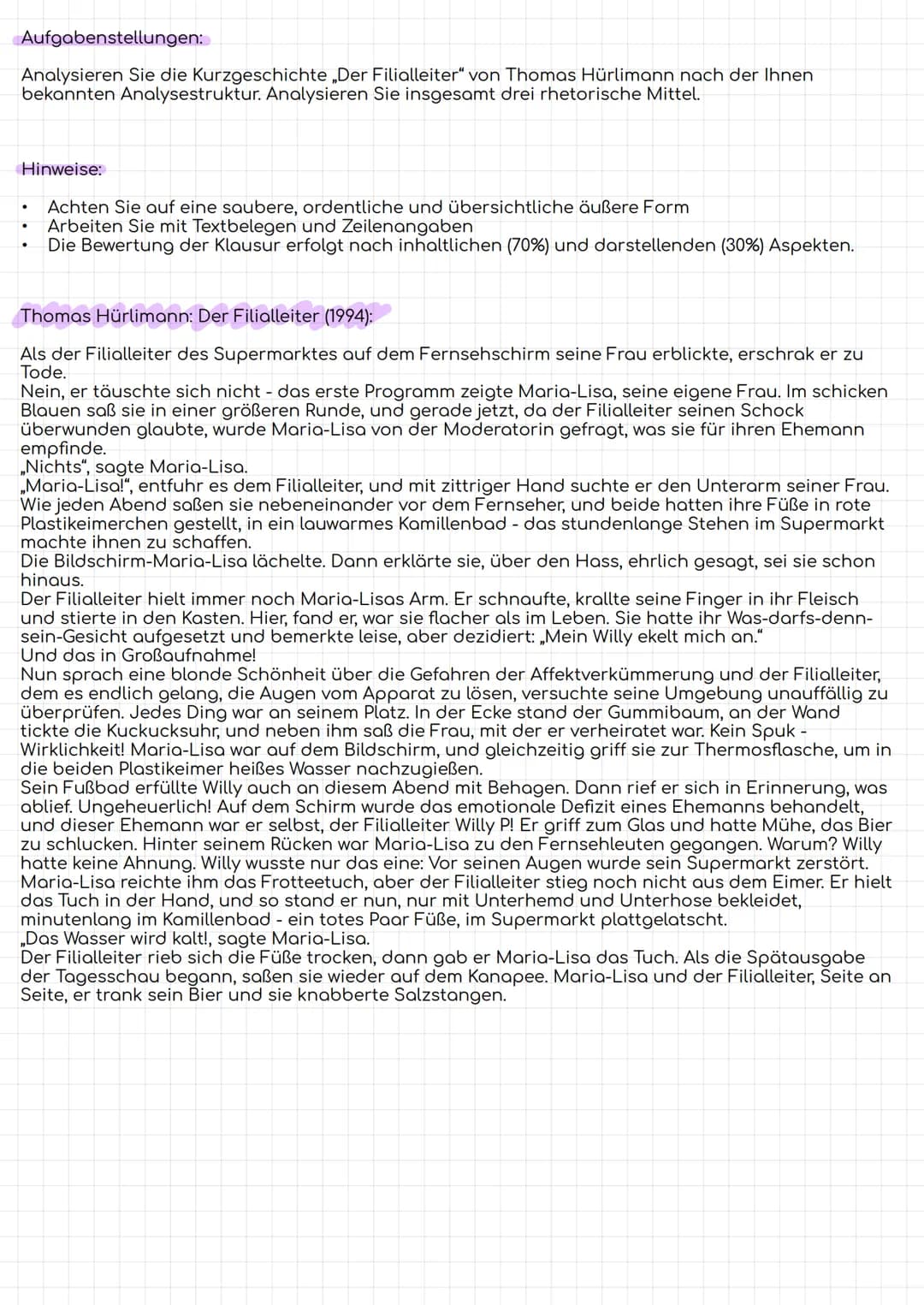Gosia
02.12.20
Die Kurzgeschichte. . Der Filialleiter" von Thomas
die
Hürlimann aus
aus dem Jahre 1994 thematisiert
emotionalen Probleme ein