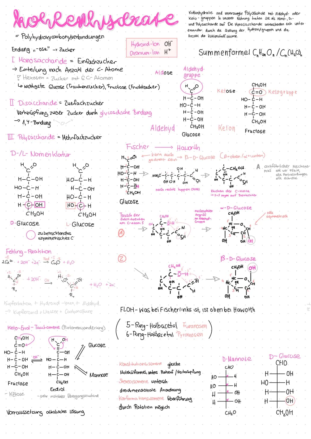 hohlenhydrate
·Polyhydroxycarbonylverbindungen
Endung -ose" -> Zucker
I Monosaccharide
Einfachzucker
Einteilung nach Anzahl der c-Atome
Hexo